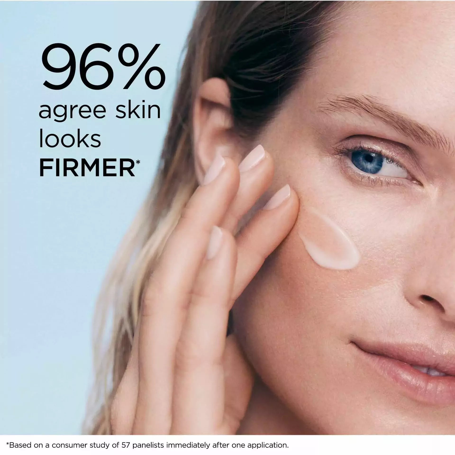 Woman applying cream to her face with text indicating skin firmness improvement.
