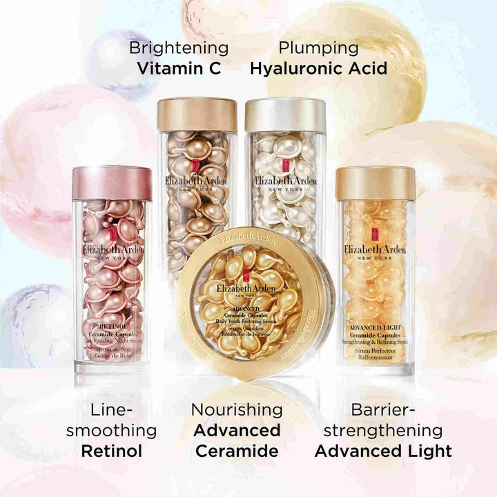 Ceramide Capsules Collection. Brightening Vitamin C. Plumping Hyaluronic Acid. Line-smoothing Retinol. Nourishing Advanced Ceramide and Barrier-strengthening Advanced Light