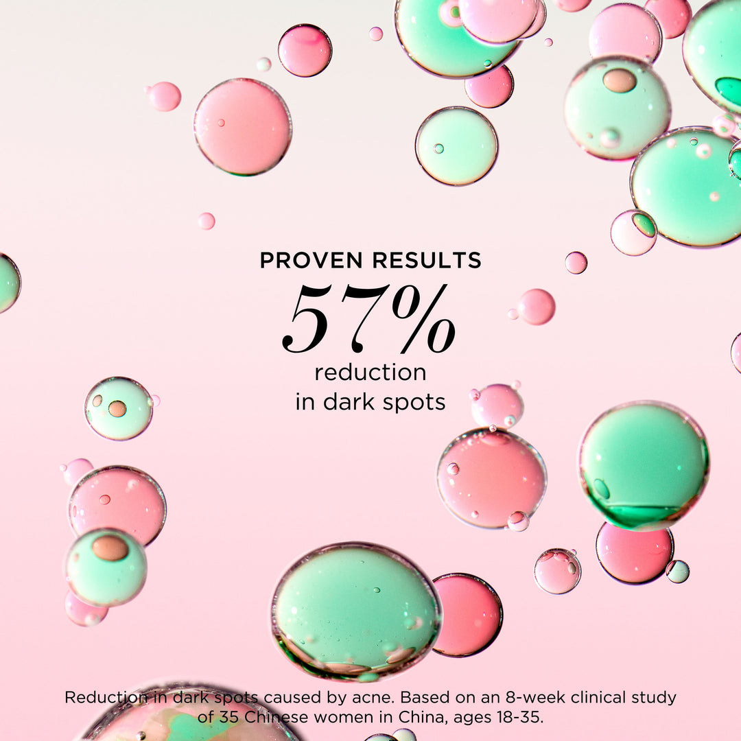 57% reduction in dark spots. Reduction in dark spots caused by ance. Based on an 8-week clinical study of 35 chinese women in China, ages 18-35