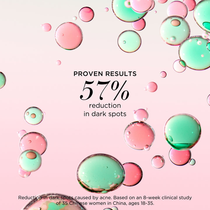 57% reduction in dark spots. Reduction in dark spots caused by ance. Based on an 8-week clinical study of 35 chinese women in China, ages 18-35