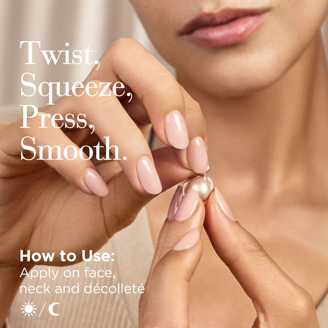 Twist, squeeze, press, smooth. Apply on face, neck and decollete
