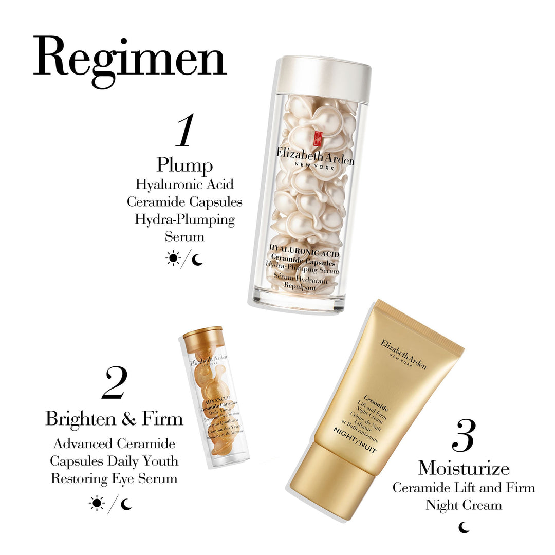 Step 1 Plump with HA Ceramide Capsules day and night. Step 2 Brighten and firm with Advanced ceramide capsules Eye Serum day and night. Step 3 Moisturize with Ceramide Lift and Firm Night Cream for night