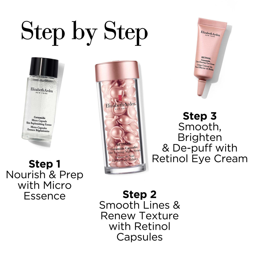 Step 1 Nourish and Prep with Micro Essence. Step 2 Smooth Lines and Renew texture with retinol capsules. Step 3 Smooth, Brighten and depuff with retinol eye cream
