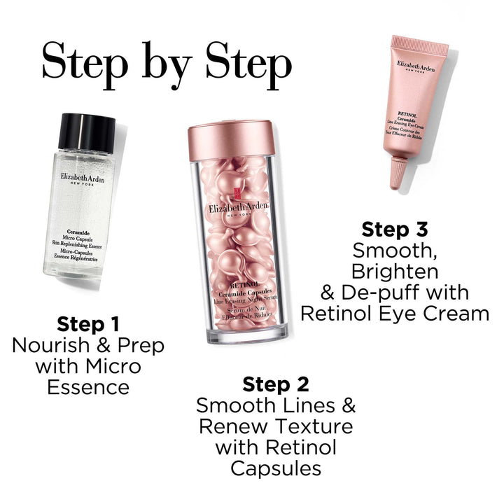 Step 1 Nourish and Prep with Micro Essence. Step 2 Smooth Lines and Renew texture with retinol capsules. Step 3 Smooth, Brighten and depuff with retinol eye cream