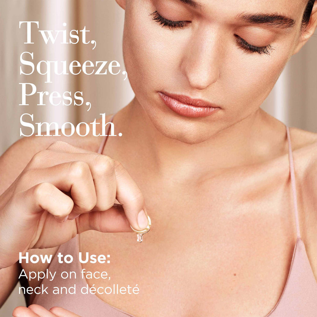 Twist, squeeze, press and smooth. Apply on face, neck and decollete