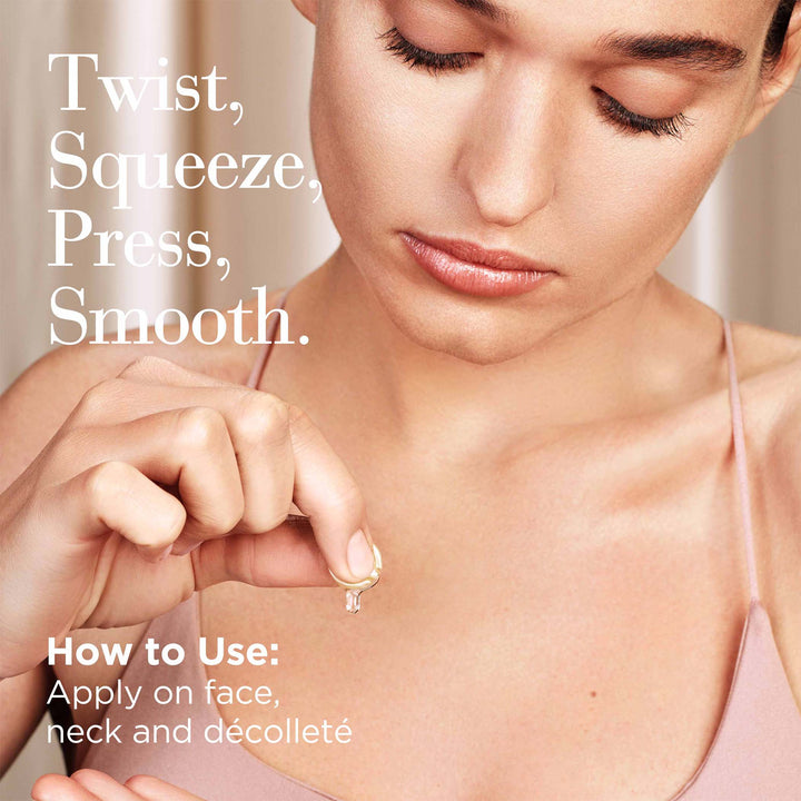 Twist, squeeze, press and smooth. Apply on face, neck and decollete