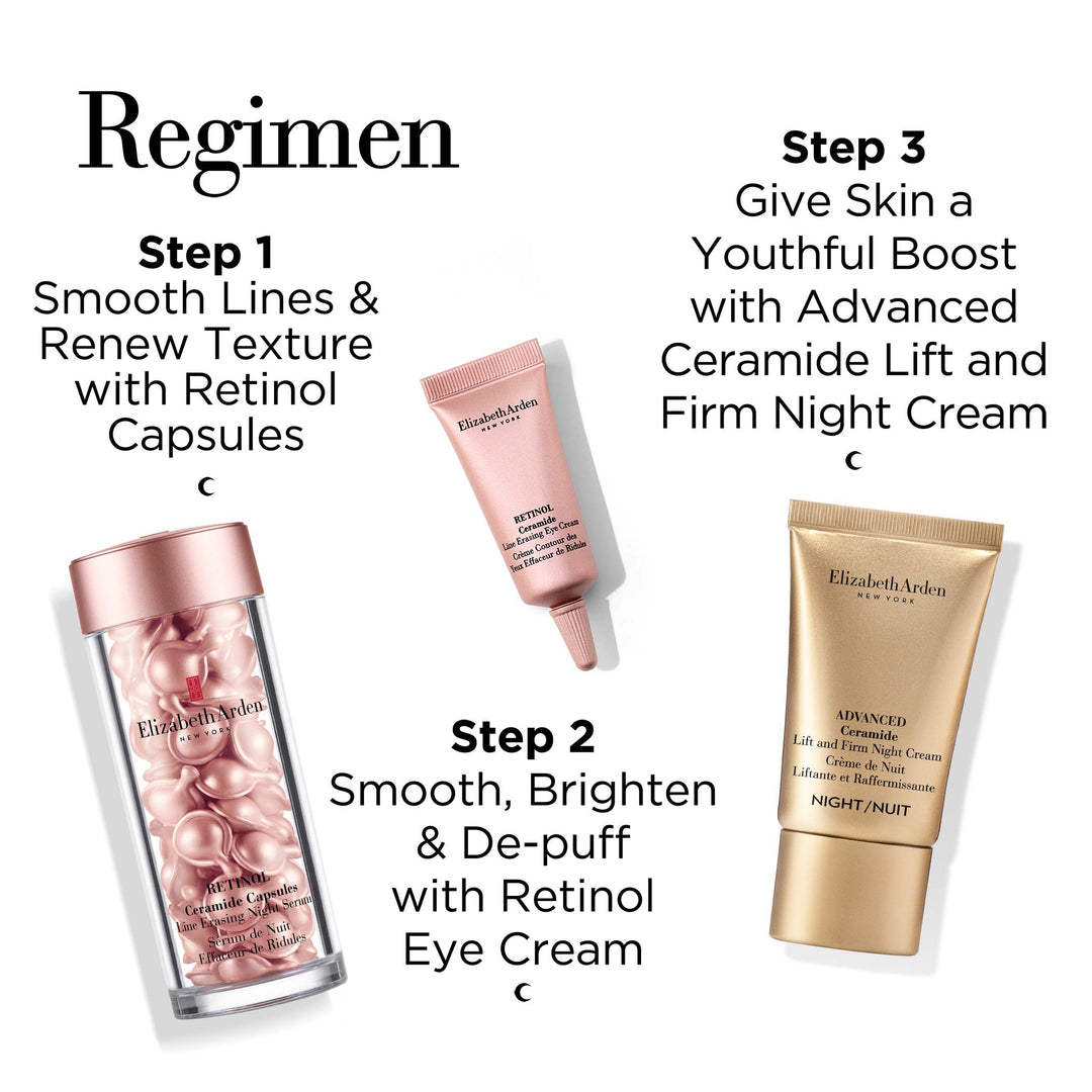 Night Regimen-1- smooth lines and renew texture with retinol capsules, 2- smooth, brighten and depuff with retinol eye cream, 3- give skin a youthful boost with advanced ceramide lift and firm night cream