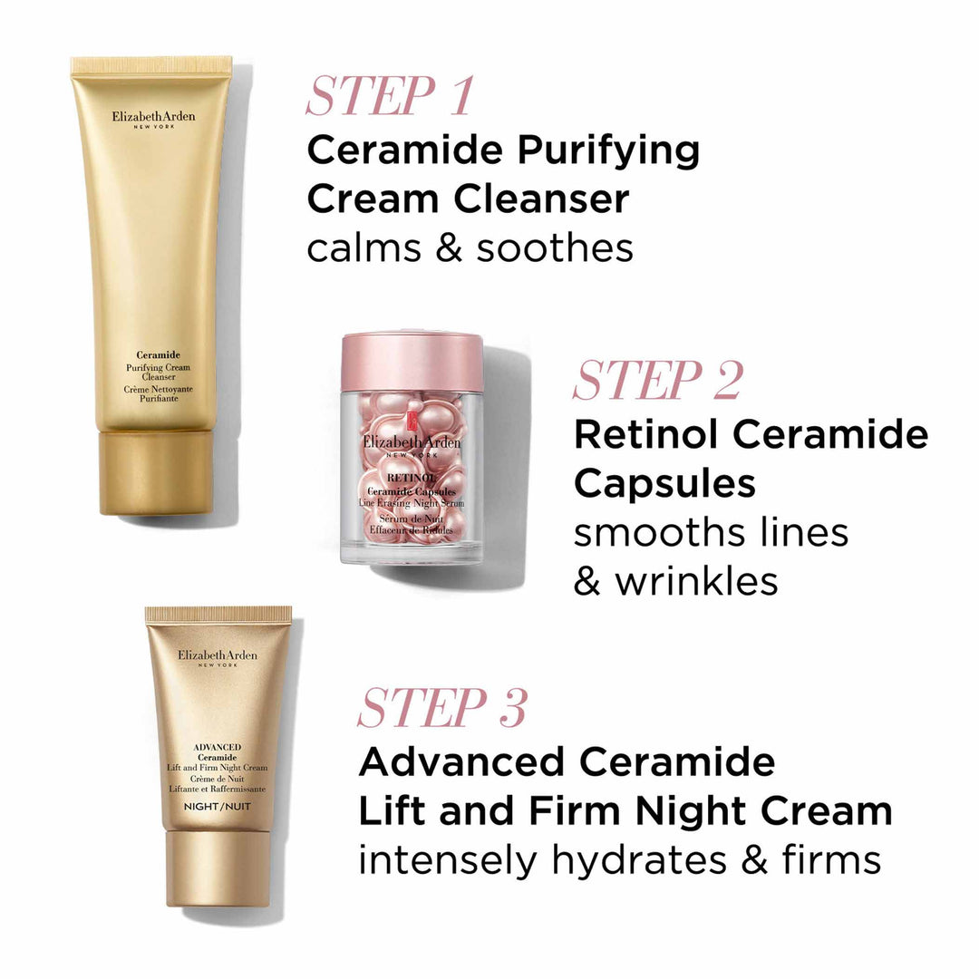 Step 1 Ceramide Purifying Cream Cleanser calms and soothes. Step 2 Retinol Ceramide Capsules smooths lines and wrinkles. Step 3 Advanced Ceramide Lift and Firm Night Cream intensely hydrates and firms