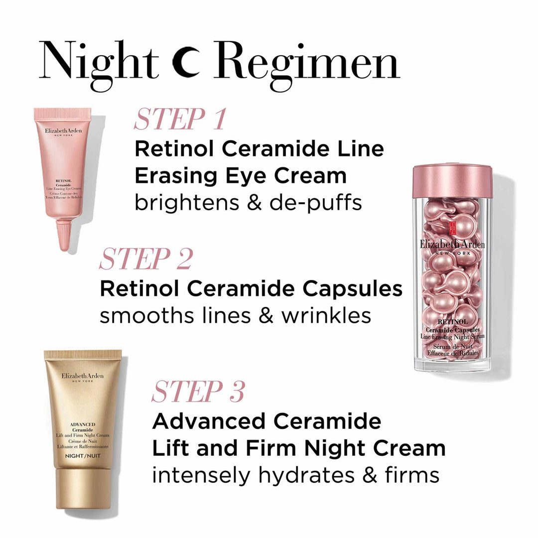 Night Regimen. Step 1 Retinol Ceramide Line Erasing Eye Cream brightens and depuffs. Step 2 Retinol Ceramide Capsules smooths lines and wrinkles. Step 3 Advanced Ceramide Lift and Firm Night Cream intensely hydrates and firms