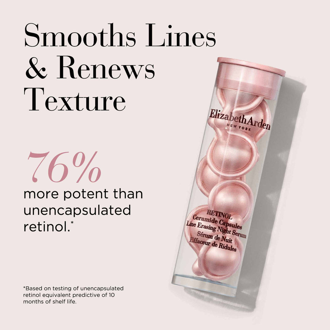 Smooths lines and renews texture. 76% more potent than unencapsulated retinol.**Based on testing of unencapsulated retinol equivalent predictive of 10 months of shelf life