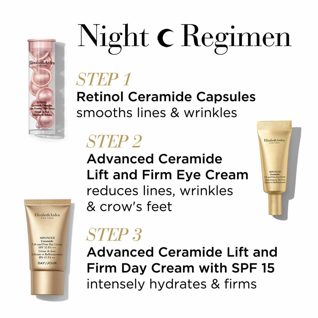 Night Regimen. Step 1-Retinol Ceramide Capsules smooths lines and wrinkles, Step 2-Advanced Ceramide Lift and Firm Eye Cream reduces lines, wrinkles and crow's feet. Step 3- Advanced Ceramide Lift and Firm Day Cream with SPF15 intensely hydrates and firms