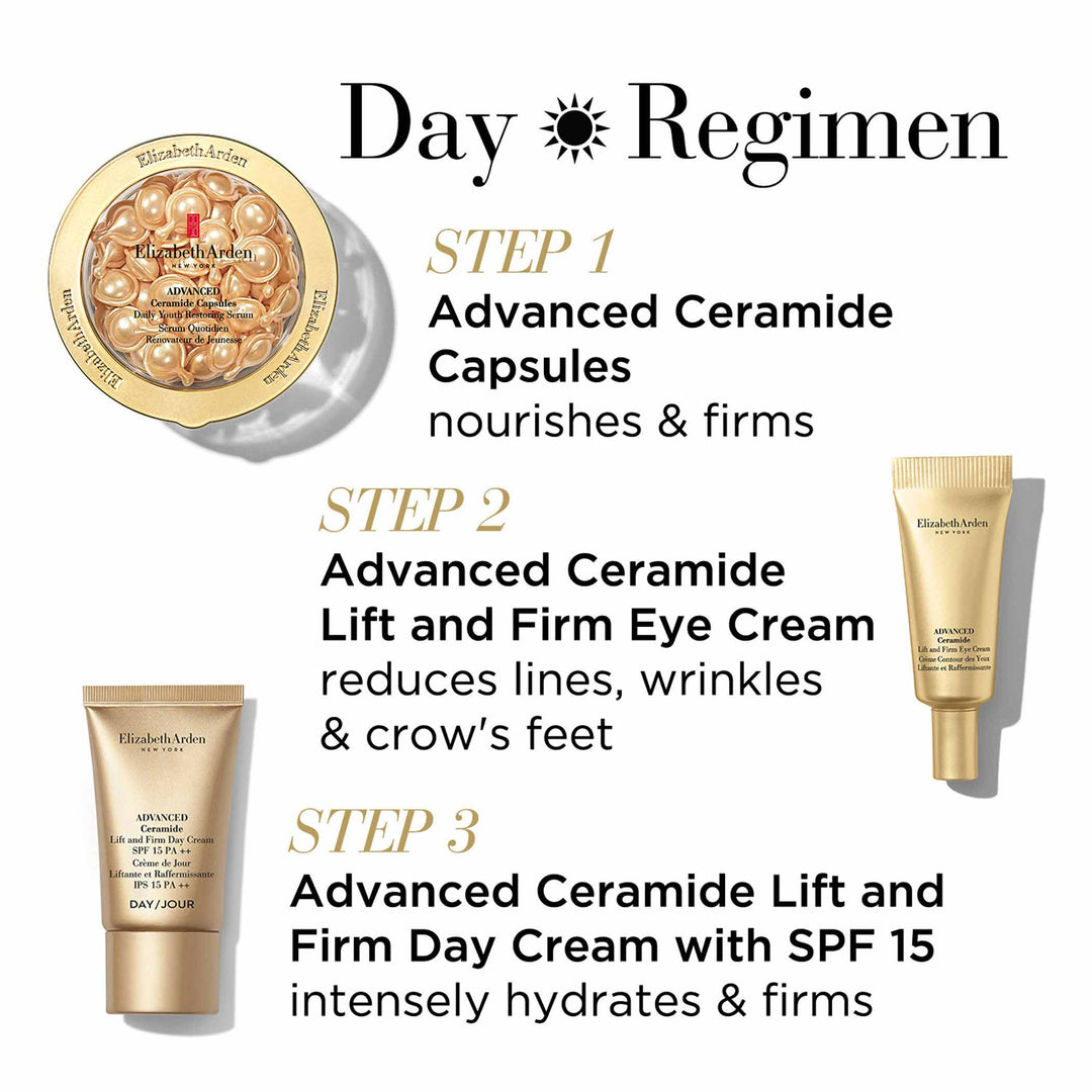 Day Regimen- Step 1-Advanced Ceramide Capsules nourishes and firms. Step 2- Advanced Ceramide Lift and Firm Eye Cream reduces lines, wrinkles and crow's feet. Step 3- Advanced Ceramide Lift and Firm Day Cream with SPF 15 intensely hydrates and firms