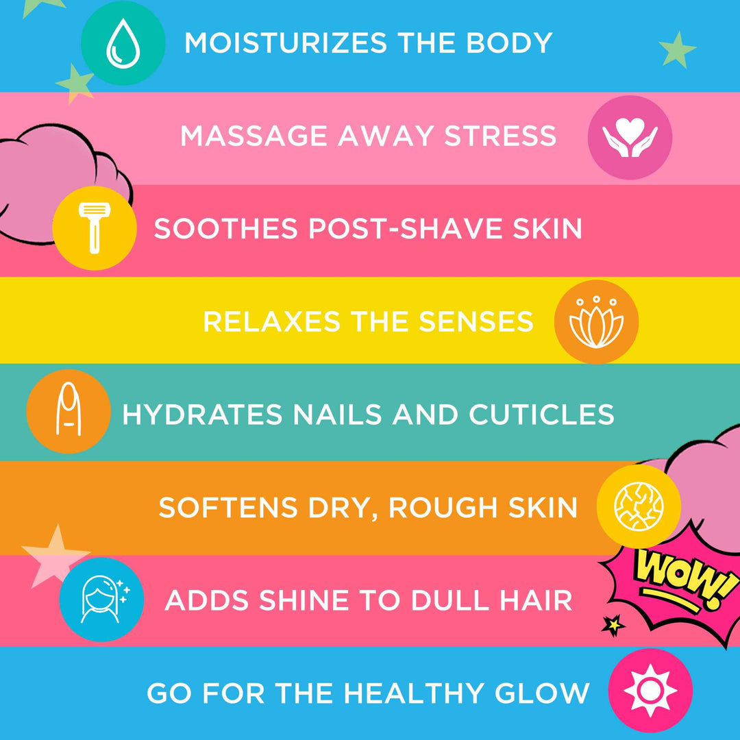 Moisturizes the body, massage away stress, soothes post-shave skin, relaxes the senses, hydrates nails and cuticles, softens dry, rough skin, adds shine to dull hair and go for the healthy glow